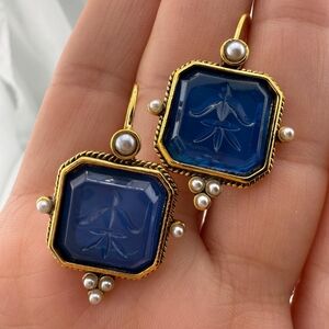 Anthropologie Elegant Gold and Blue Earrings With Pearl Accents